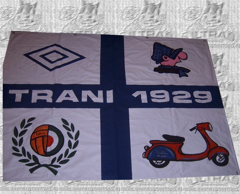 Bandierone bianco e blu con stemma Trani 1929 dipinto a mano