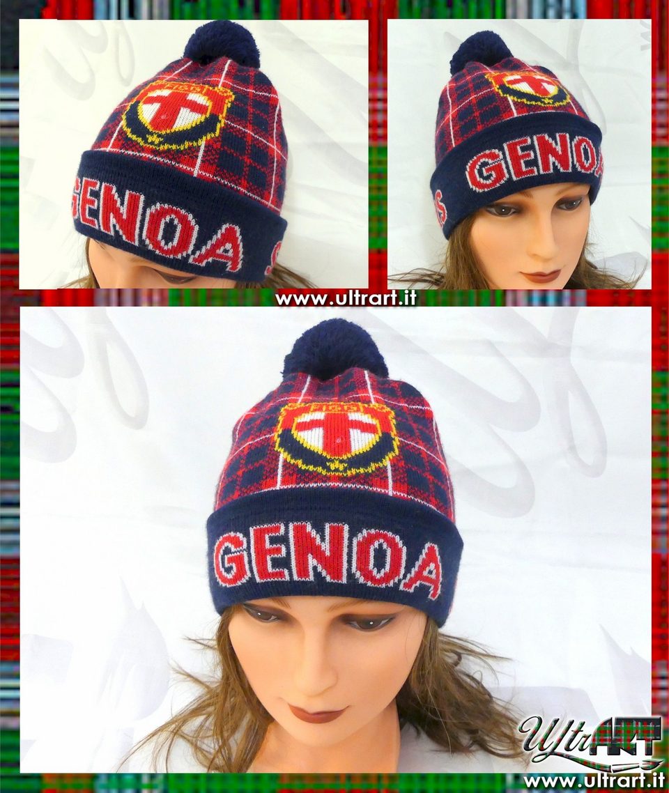 Cappello in lana tartan con ricamo Genoa e pon pon blu