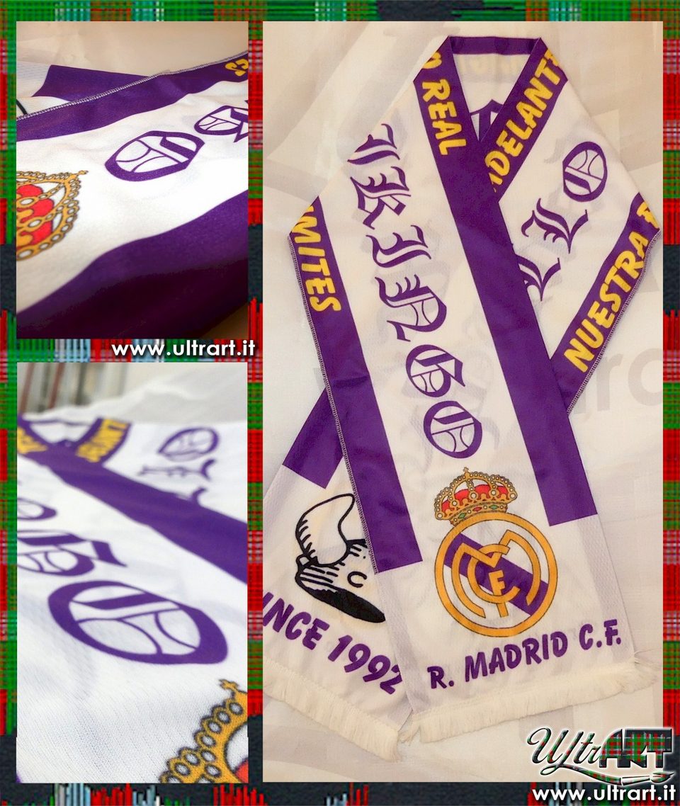 Sciarpe viola e bianche per la tifoseria del Real Madrid con logo Orgullo Vikingo