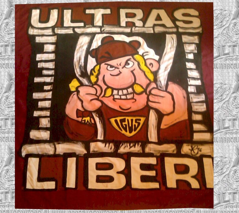 Striscione dipinto a mano Ultras Liberi con mascotte