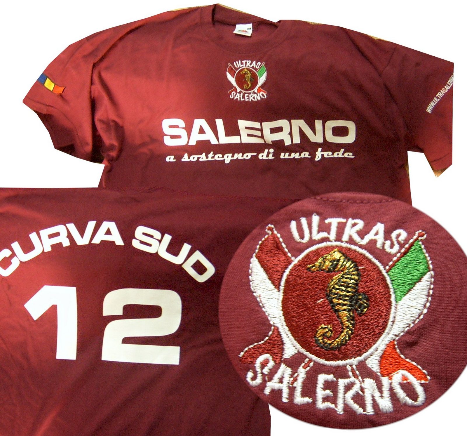 T-shirt bordeaux Curva Sud Salerno con numero e toppa ricamata